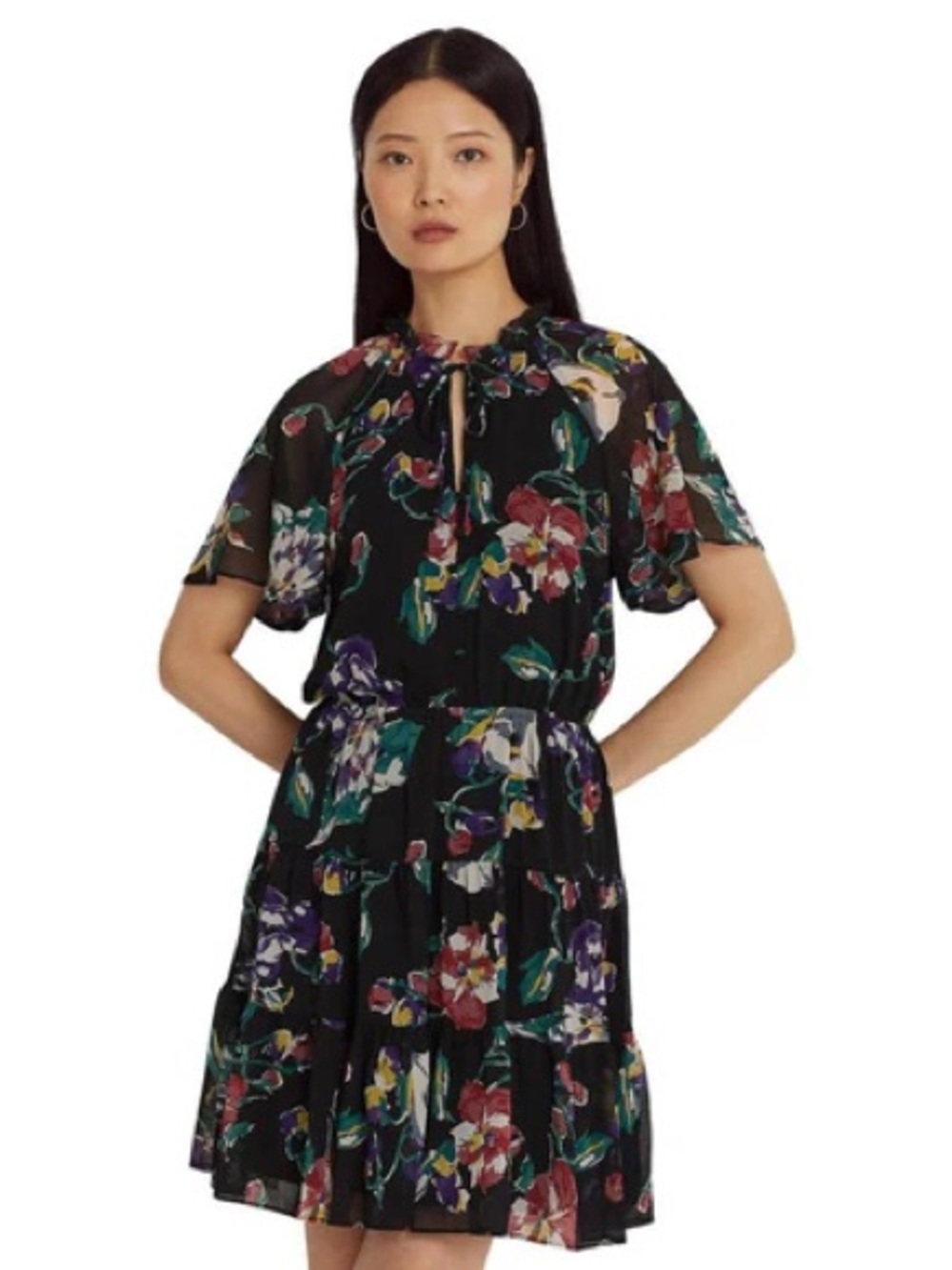 Lauren Ralph Lauren Floral Crinkle Georgette Dress Flutter Sleeves Black 
Size 2